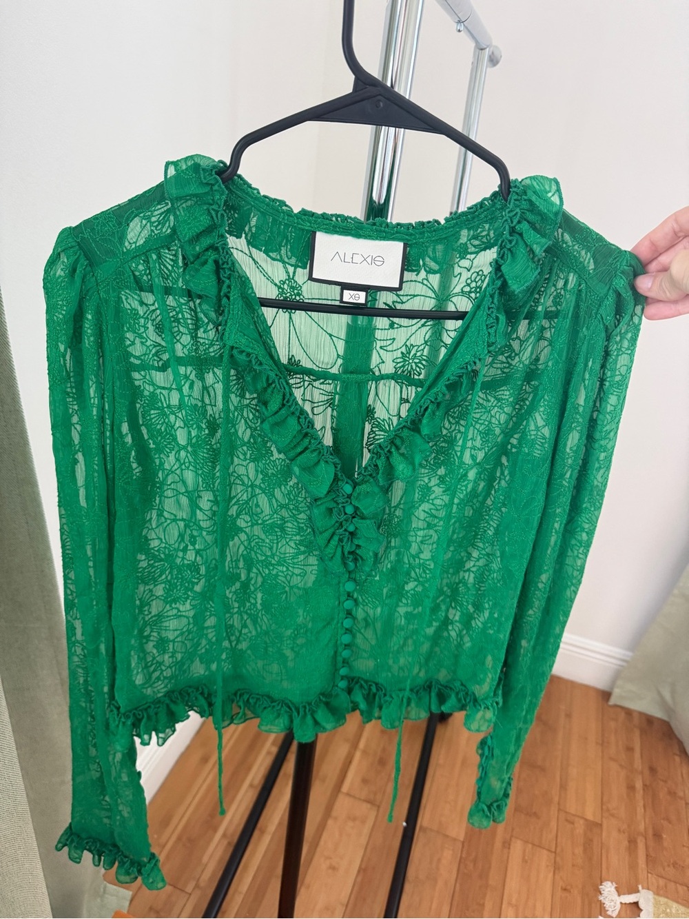 Alexis Green Sheer Lace Ruffle Button-Front Blouse